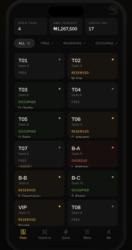 AfterHours staff app live floor view